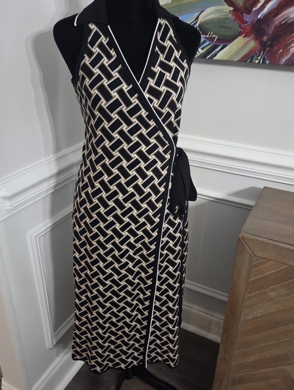 DVF Diane Von Furstenberg Target Midi Collared Sleeveless Wrap Dress  Small TC5